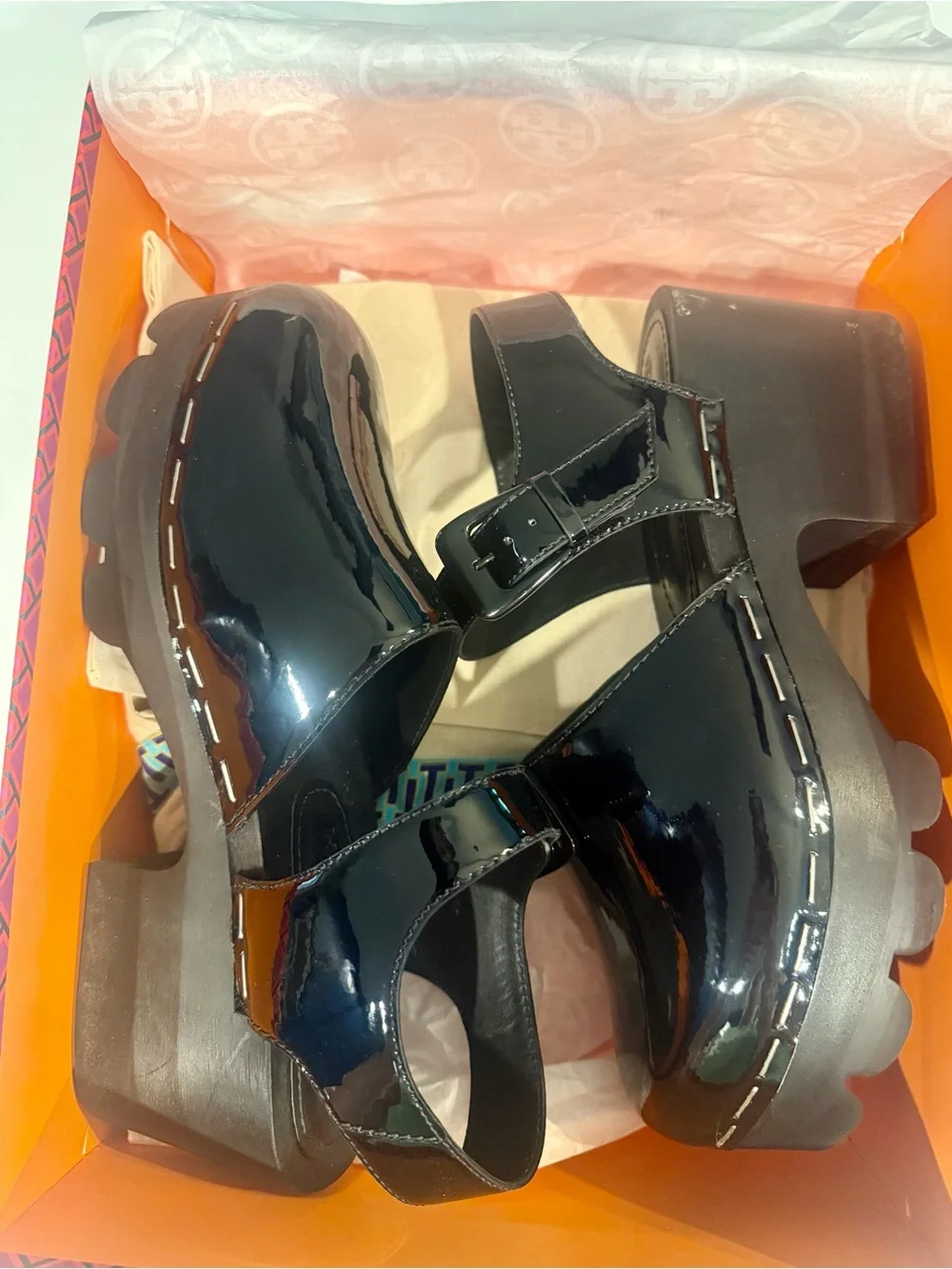Tory Burch Black Patent Platform Mary Jane Clogs